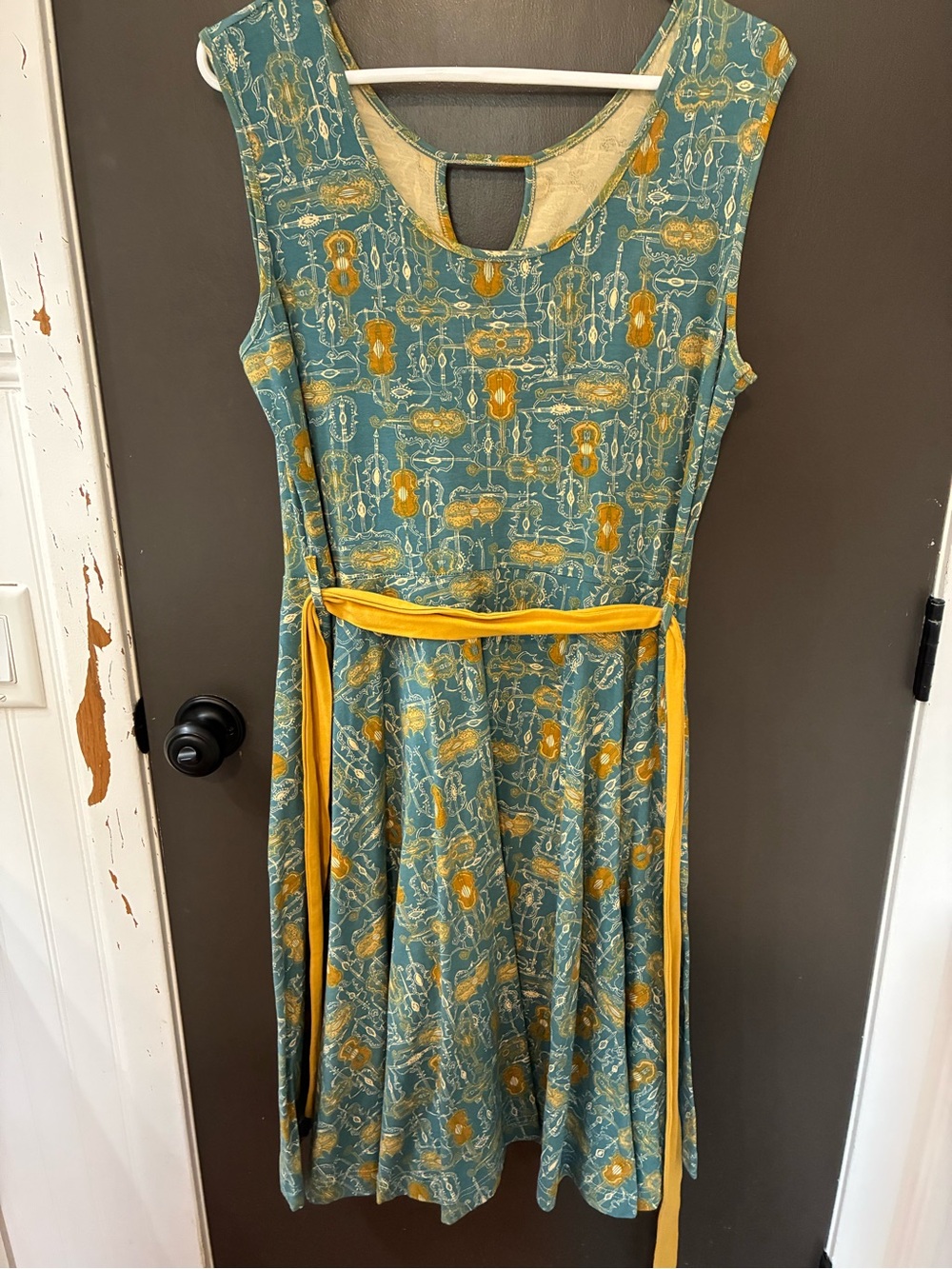 Effie’s Heart FAB Sleeveless Teal Floral A-Line Violin Dress with Yellow Belt